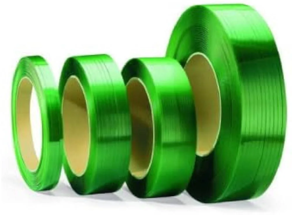 Green strapping rolls illustrating PET packaging strap applications
