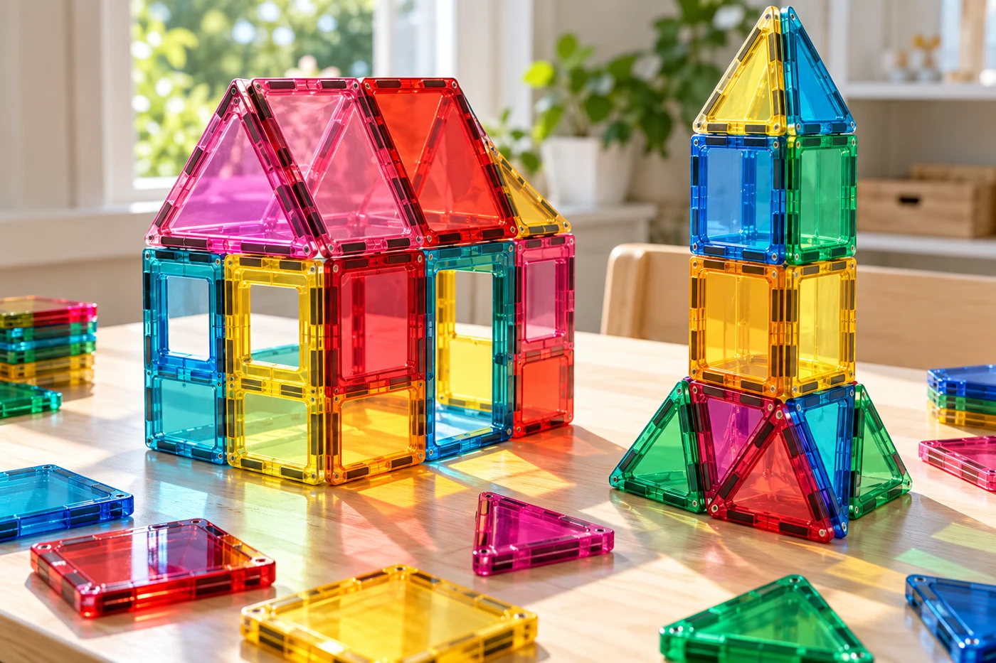 Colourful transparent magnetic toy tiles assembled into a house and tower