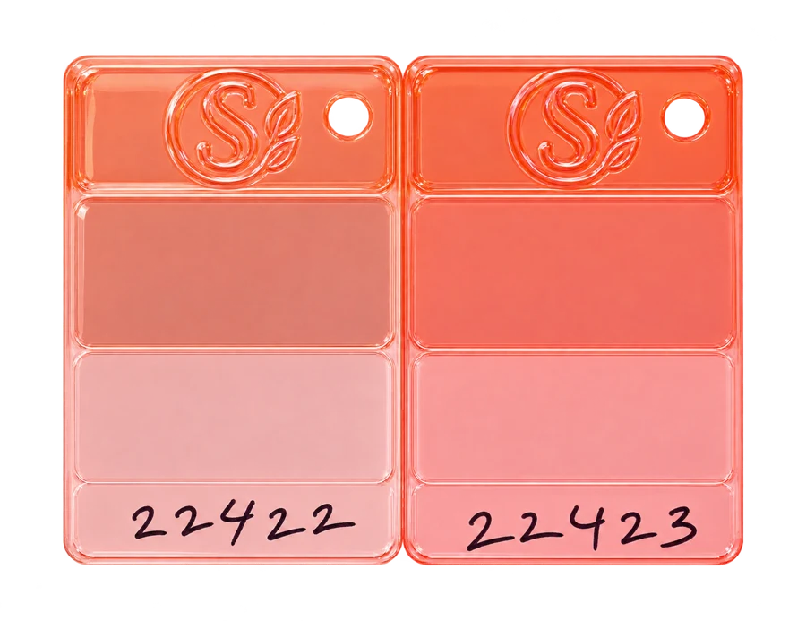 PC masterbatch colour samples: Peach Pink — 22422, Coral Pink — 22423