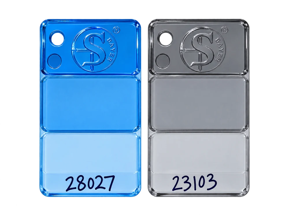 PC masterbatch samples: Sky Blue — 28027, Smoke Grey — 23103