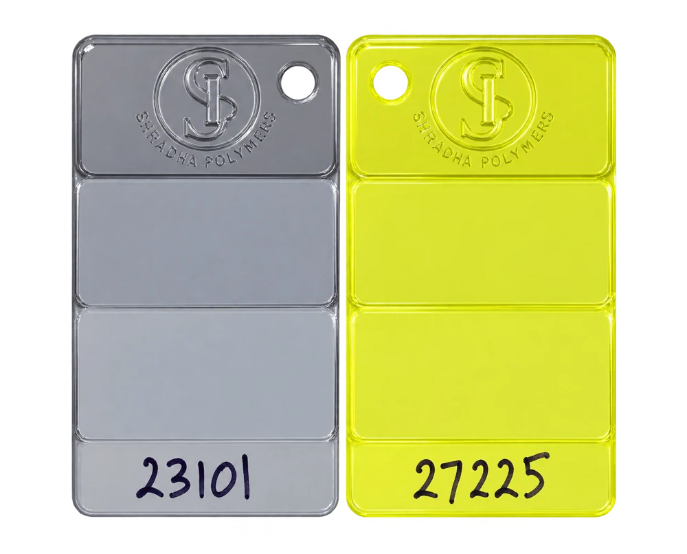 PC masterbatch samples: Smoke Grey — 23101, Lemon Yellow — 27225