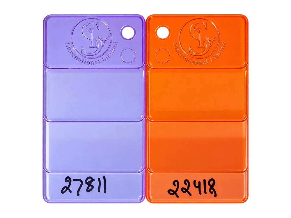 PC masterbatch samples: Lavender — 27811, Transparent Orange — 22418