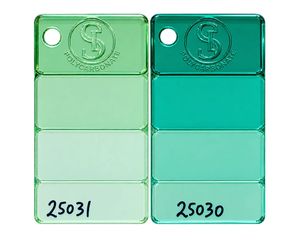 PC masterbatch samples: Mint Green — 25031, Teal Green — 25030
