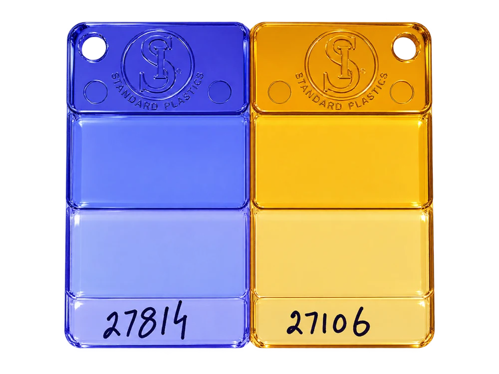 PC masterbatch samples: Blue Violet — 27814, Golden Amber — 27106