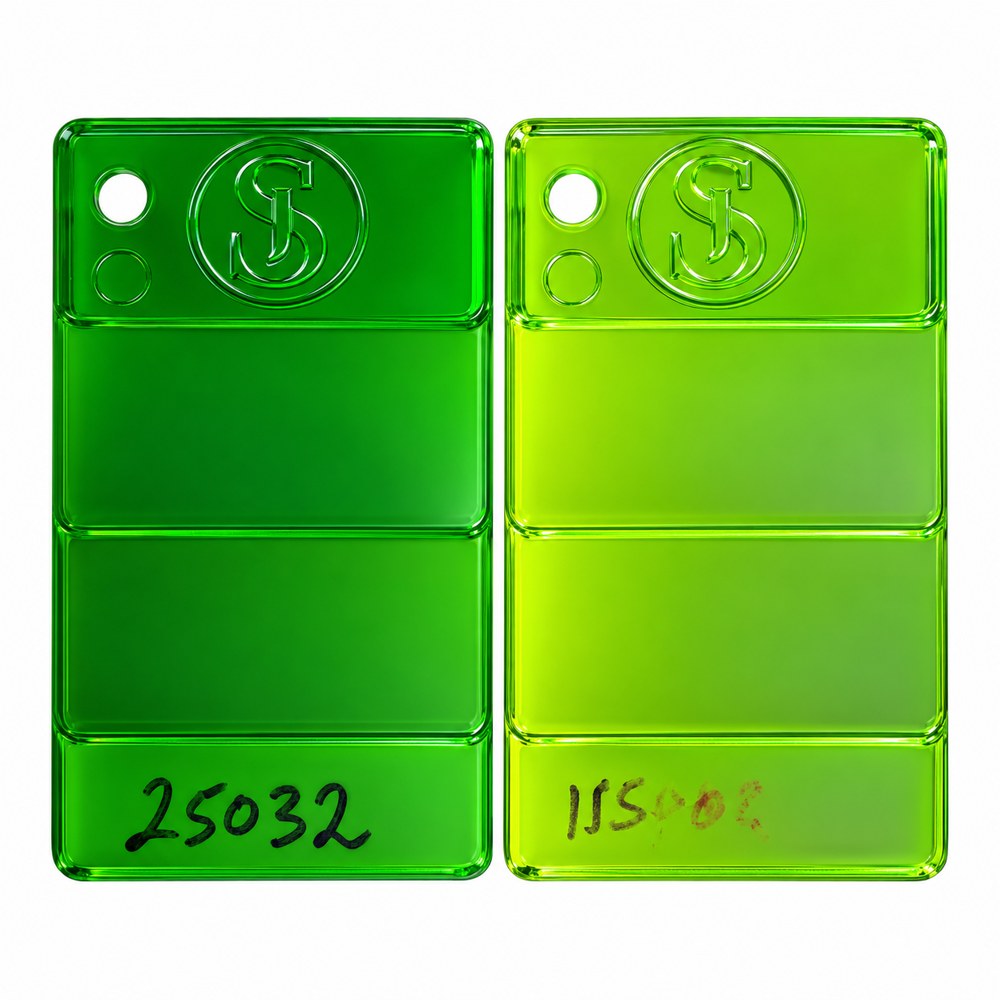 Green and lime transparent SAN masterbatch sample chips, retouched photo