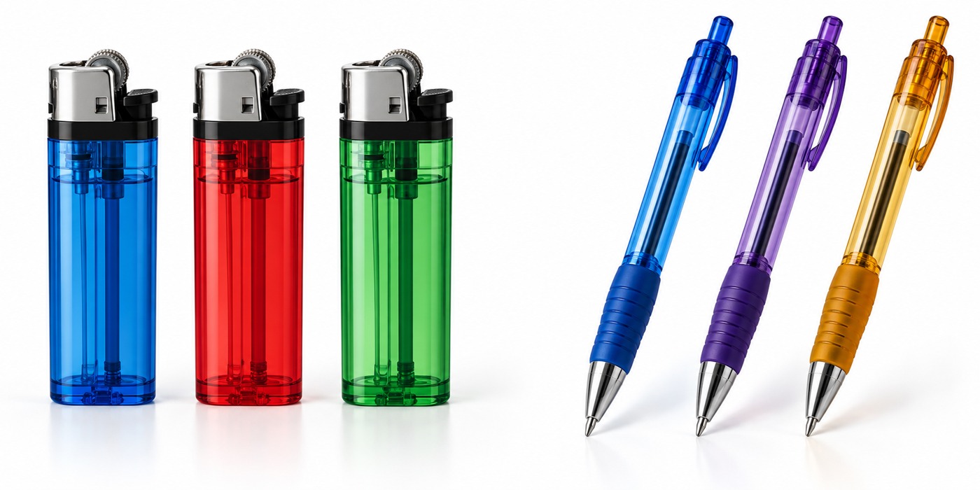 Coloured transparent lighters and writing pens illustrating SAN masterbatch applications